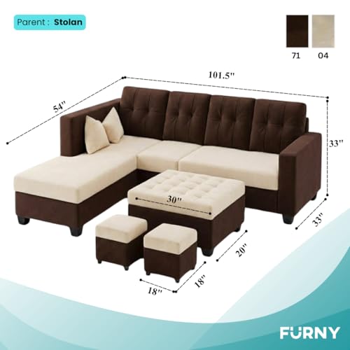 Image of FURNY Nathan 8 Seater L Shape Sofa Set LHS (Dark Brown-Cream) | Suede Velvet Finish | Durable Comfort Sofa for Modern Living Room & Office Spaces