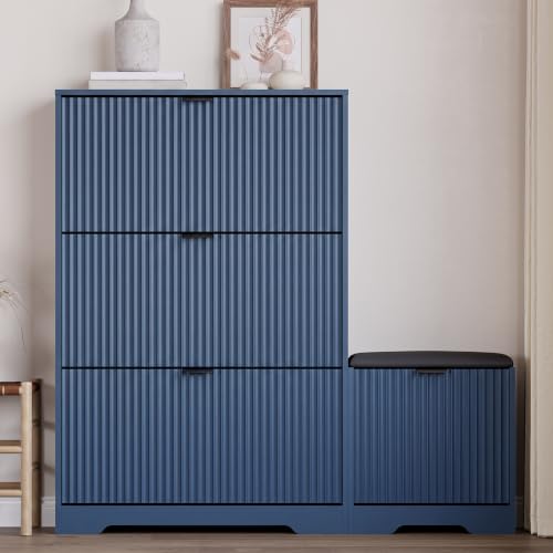 Image of BORNOON Slim Shoe Cabinet with Bench for Entryway, Hidden Storage and Adjustable Shelves, Free Standing Wooden Shoes Organizer for Hallway, Foyer