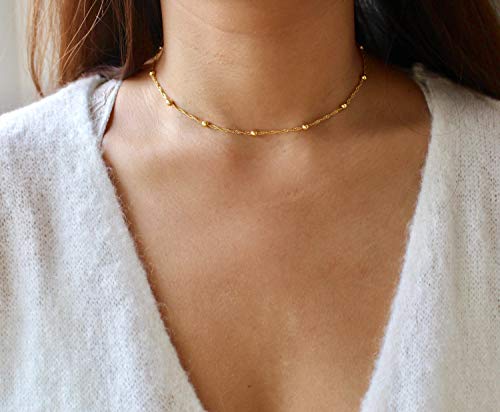 Mevecco Gold Bead Chain Choker Necklace,14K Gold Plated Dainty Cute Tiny Bead Charm Wave Chain Minimalist Simple Choker Necklace For Women And Girls #TOP2