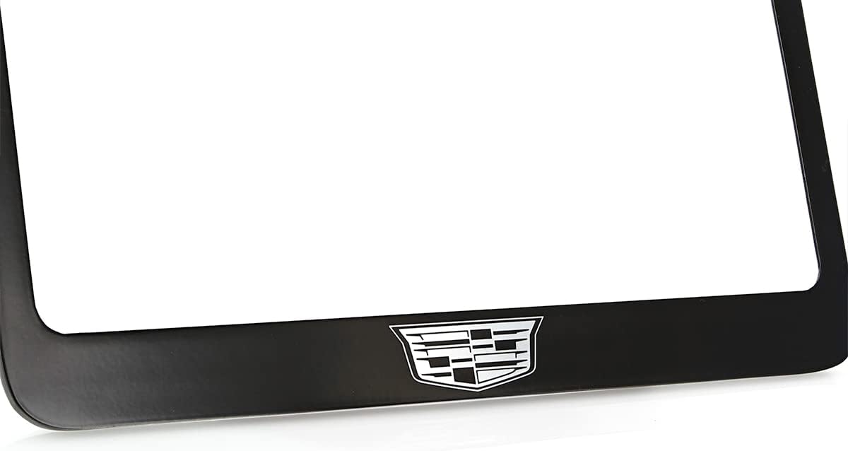 Cadillac Crest Metal License Plate Frame Tag Holder - Black Powder Coated with Exposed Chrome