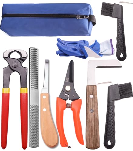 Loaged 8 inch Farrier Tool Kits （9 Pcs） Mini Rasp Hoof File Goat Pig Equine Metal Shears Professional Farriers Hoof Nipper Cutter Handle Knife