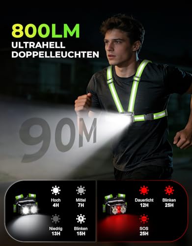 EOIWUY 800 Lumen Ultraleuchtstarkes Lauflampe Joggen mit Rücklicht, 7+2 Lichtmodi Lauflicht, 45° Lichtstrahl & 360°-Reflektorband Brustlampe, IPX4 Wasserdicht, USB Aufladbar, Laufzeit 4-25 Stunden