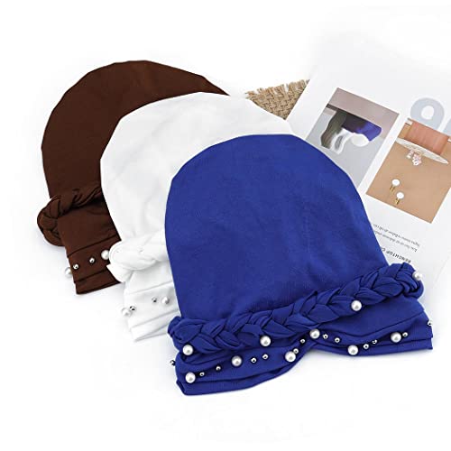 Woeoe African Turban Head Wraps White Pearls Head Scarf Braid Pre-Tied Soft Head Cover Cap Headwear For Women And Girls(Pack Of 3) #TOP6