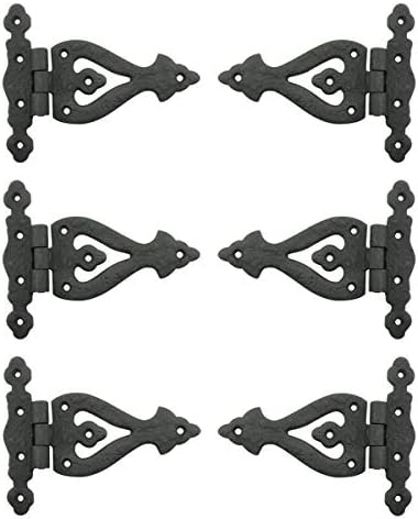 Renovators Supply Manufacturing Cabinet Door Strap Hinge with Hardware 5 3/8 in. Black Wrought Iron Flush Mount Hinge for Cabinets Pack of 6