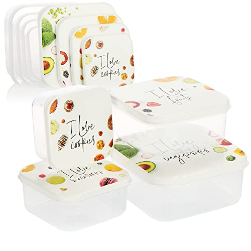 COM-FOUR® Juego de cajas de plástico de 8 piezas - Caja de almacenamiento cuadrada con tapa en 4 tamaños para verduras, frutas, pasteles, galletas (8 piezas - I love)