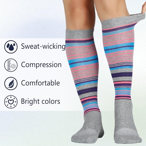 Image of +MD Cotton Compression Socks for Women & Men 4 /6 Pairs 15-20mmHg Knee High for Sports, Travel, Nursing Long Sitting Standing