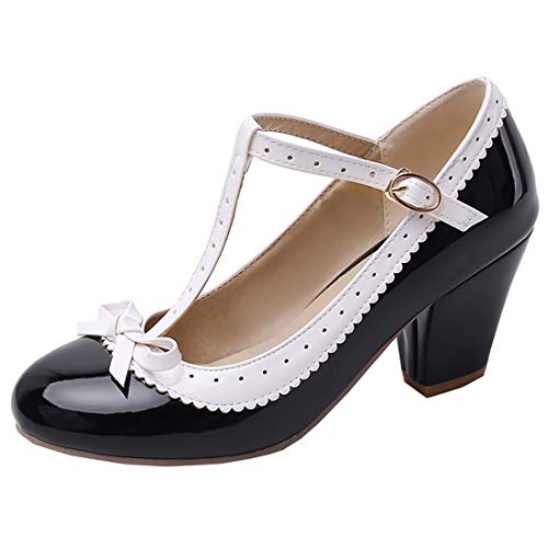 Etebella Damen T Strap High Heels Lack Pumps mit Blockabsatz und Schleife Rockabilly Vintage Schuhe (Schwarz,40)