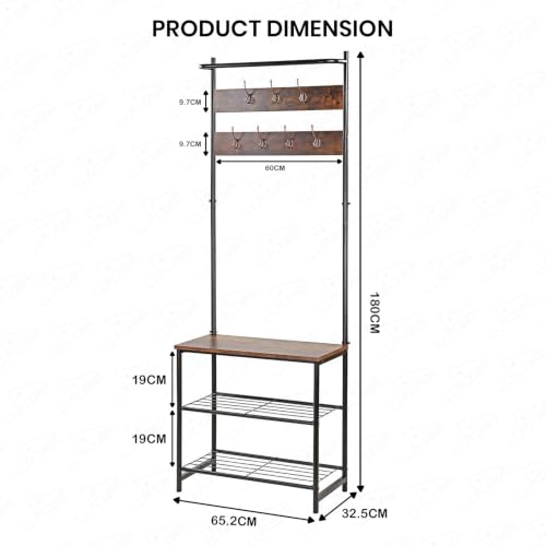 Image of Lukzer 3-Tier Shoe Rack with 7 Hooks Coat Stand, Hall Tree with Hanging Rod & Bench, Metal & Wooden Spacious Entryway Organizer for Clothes, Bags, Jackets & Footwear (Black & Oak /180 x 65 x 32 cm)