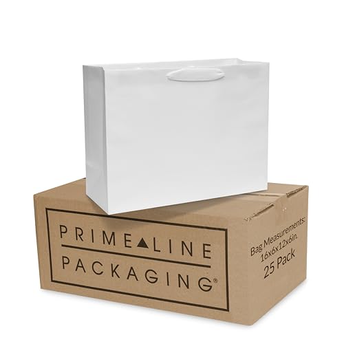 prime line packaging large white gift bags with handles, reusable shopping tote for christmas, holidays, weddings, thank you, bulk,16x6x12 50 pack