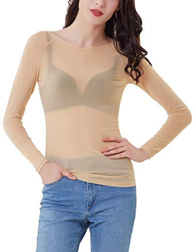 GRACE KARIN Women's Long Sleeve Mesh Sheer Top Tee Clubwear Size M Nude CL046-3