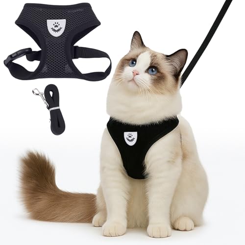 wilcractk Pettorina per gatti a prova di fuga con guinzaglio, set pettorina in poliestere traspirante, riflettente e regolabile con guinzaglio per gatti per uso esterno, nero taglia S