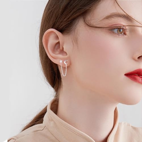 Cute Star Moon Double Piercing Small Stud With Short Chain S925 Sterling Silver Cuff Wrap Earrings for Women Cartilage Two Holes Fashion Minimalist Climber Crawler Threader Tassel Hypoallergenic Gifts for Christmas Daughter by NewZenro - Used condition - Image 6