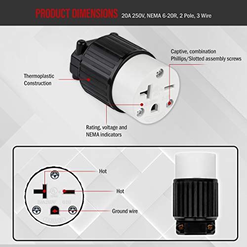 ENERLITES NEMA 6-20R Straight Blade Connector, Female Plug Replacement Cord Outlet, 20 Amp, 250 Volt, 2 Pole, 3 Wire Grounding, Industrial Grade, Heavy Duty, UL Listed, 66231-BK, Black by ENERLITES - Image 3