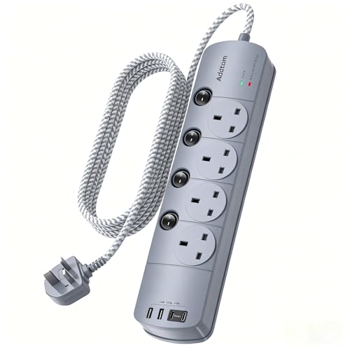 Addtam Extension Lead, 1.8M Extension Cord, 4 Outlet Power Strip with 4 USB