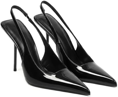Women's Slingback Stiletto High Heels Pointed Toe Slip On Pumps Shoes Patent Leather Stretch Strap Backless Dress Heels
