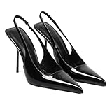 Women's Slingback Stiletto High Heels Pointed Toe Slip On Pumps Shoes Patent Leather Stretch Strap Backless Dress Heels Black