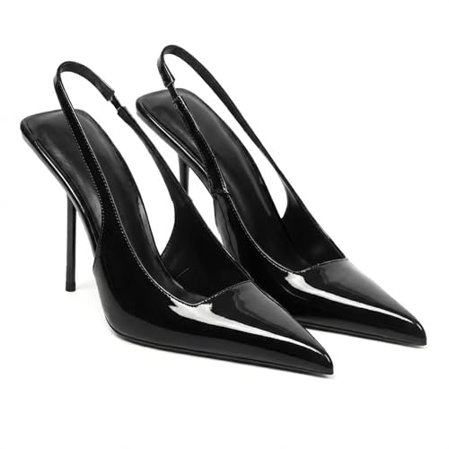 Women's Slingback Stiletto High Heels Pointed Toe Slip On Pumps Shoes Patent Leather Stretch Strap...