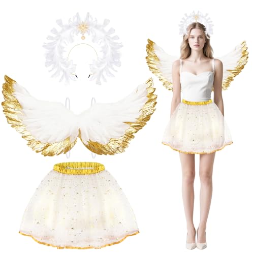 Beipegin Disfraz Angel Mujer Falda Tutú Diadema Corona Alas Angel Disfraz Diosa Griega Romano Hada Angelito para Disfraces Navidad Halloween Fiestas