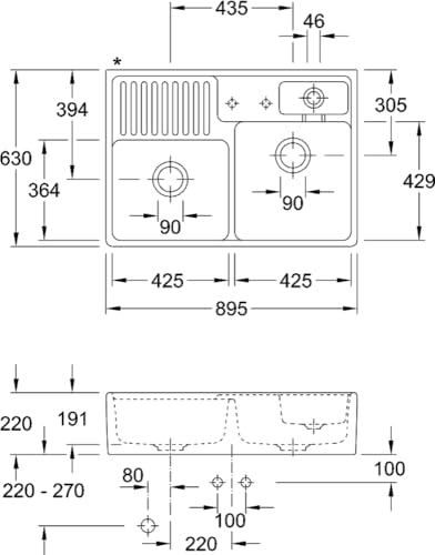 Villeroy & Boch Spülstein Doppelbecken, Küchenspüle mit einem Hahnloch, Spüle inkl. Ablaufgarnitur mit Handbetätigung, Spülbecken aus Keramik, 895 x 630 mm, Weiß Alpin CeramicPlus