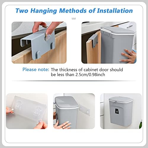 weegoo Hanging Trash Can with Lid, Wall Mounted Plastic Kitchen Waste Bin with Cover, Hanging Trash Bin for Cabinet Door, Kitchen, Bathroom, Bedroom, Living Room, Office (Grey)