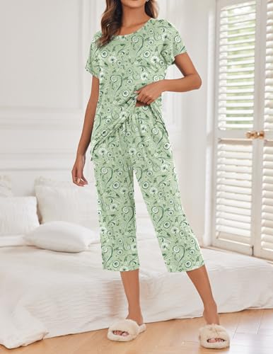 Image of Ekouaer 2 Pack Womens Pajamas Sets Short Sleeve Tops and Capri Pants Pjs Colorful Printed Sleepwear Sets
