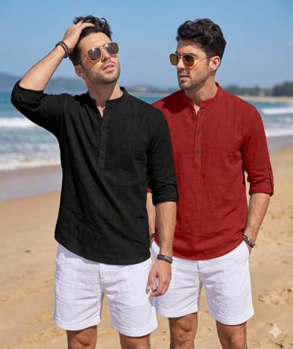 Image of Men's Cotton Blend Straight Kurta Shirt Combo with Mandarin Collar - Slim Fit Casual Short Kurti Set Featuring Textured Slub Fabric and Roll-Up Full Sleeves