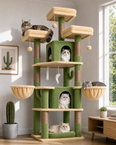 Image of Globlazer Big XL Cactus Cat Tower for Indoor Multiple Cats, F68B, Green