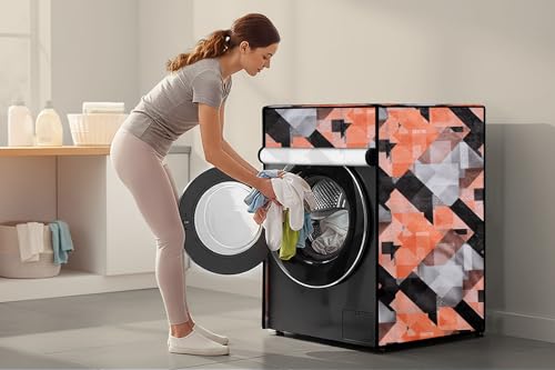 Image of Stylista Waterproof Front Load Washing Machine Cover Compatible for Haier 8 kg, Chekered Pattern Orange