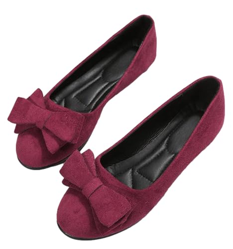 Women's Bow Flat Casual Suede Shoes Classy Round Toe Mary Jane Ballet Flats Soft Bow Dressy Shoes Arch Support Slip On