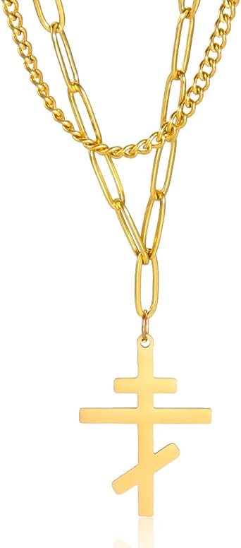 Womens Dainty Double Layer Stainless Steel Necklace Orthodox Cross Pendant Necklace Classic Cross Russian Orthodox Amulet Jewelry Religious Necklace, Stainless Steel, No Gemstone