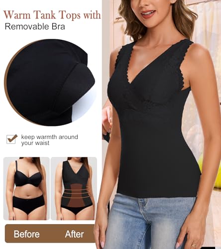 Image of Slimming Tank Top for Women V Neck Lace Camisole Tops with Built in Bra Cami Vest Base Layer
