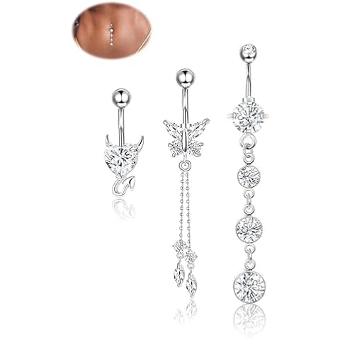UBGICIG 3 Pcs Silver Belly Rings for Women Clicker Belly Button Ring Dangling 14G Surgical Steel CZ Butterfly Evil Heart Navel Belly Button Piercing Jewelry Cover
