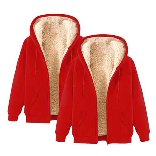 Veste de survêtement doublée Sherpa rouge pour femme veste à capuche zippée chaude