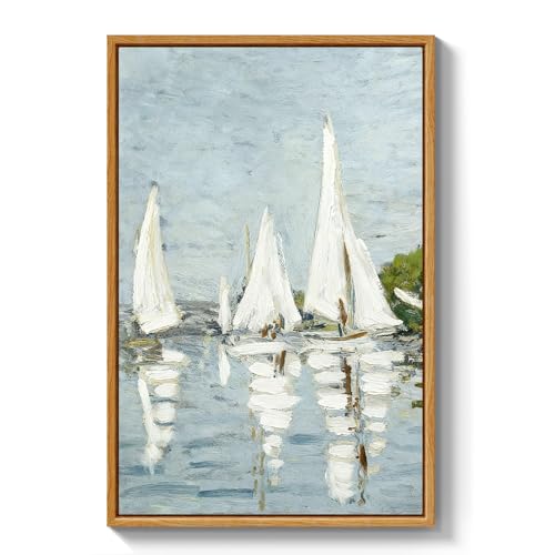 ARPEOTCY 3D Textured Large Framed Canvas Wall Art Prints, Hand-Painted Farmhouse Sailboat Oil Painting, Seascape Neutral Artwork Wall Decor for Living Room Bedroom Office, 16x24inch