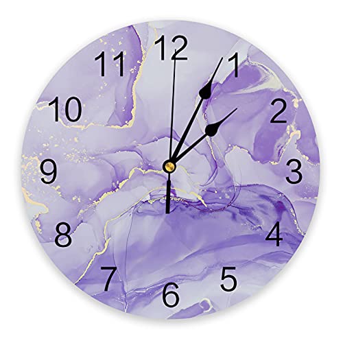 Wall Clock Purple Marble Battery Operated Clocks Pvc Silent Non-Ticking Wallclock 12 Inch Ombre Purple Abstract Art Round Wall Clocks For Living Room Bedroom Kitchen Office School Bathroom Home Decor #TOP6