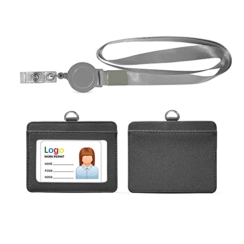 HYCOPROT ID Badge Holder with Lanyard Heavy Duty Retractable PU Leather Vertical Horizontal ID Card Holders with 1 Clear ID Window & 1 Credit Card Slot for Office Driver Licence (Horizontal, Grey)