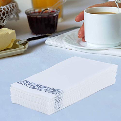 Jolly Chef 100 Disposable Hand Towels, Soft And Absorbent Line-Feel Dinner Napkin, Elegant Decorative Paper Guest Towels For Kitchen, Bathroom, Weddings, Parties, Silver And White #TOP3