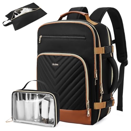 Telena Travel Backpack for Women, 15.6 inch Laptop Backpack TSA Carry on Backpack Personal Item Size Flight Approved Travel Bag Daypack with Multi-Pockets for Work, Travel, Business, Black-Brown
