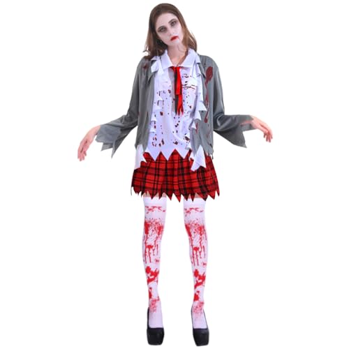 IWTBNOA Disfarce estudante zombie Halloween, disfarce zombie mulher adulto com cinzento casaco camisa, meias, saias, gravata, disfarce estudante zombie, disfarce medo mulher para o Halloween carnaval