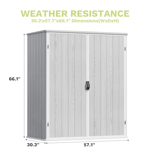 Image of Devoko 5x3 Resin Outdoor Storage Shed with Floor, Waterproof Plastic Outdoor Tool Cabinet with Lockable Doors for Lawn Backyard Garden, Light Gray