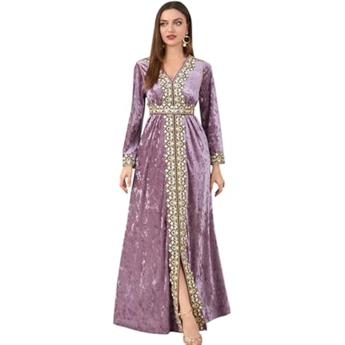 IDOPIP Muslim Women Velvet Dress Embroidery Abayas Long Sleeve V-Neck Moroccan Maxi Kaftan Dubai Robe Arabic Islamic Clothing