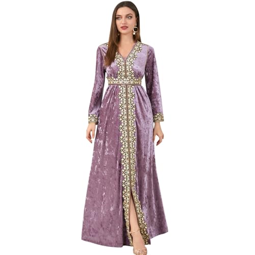IDOPIP Muslim Women Velvet Dress Embroidery Abayas Long Sleeve V-Neck Moroccan Maxi Kaftan Dubai Robe Arabic Islamic Clothing, Light Purple, L
