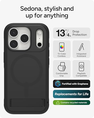 Image of ZAGG Sedona Snap Case with Kickstand for iPhone 17 Pro - Pitch Black, Drop Protection (13ft /4m), Multi-Layer Protection, with Camera Button, MagSafe Phone Case with Impact-Absorbing Bumpers