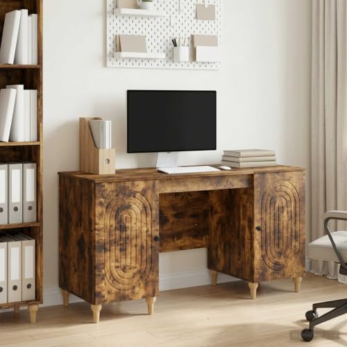 Image of LoogCape Smoked Oak Wood Desk 142.5 x 50 x 75 cm with 2 Board Shelves and 2 90° Swivel Doors for Home Office Learning Gaming