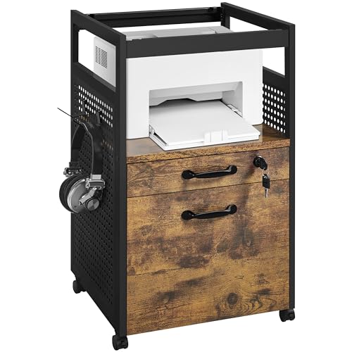 Yaheetech Archivador de Oficina con Ruedas Archivador Móvil con 2 Cajones Compartimento Abierto 42×40×69 cm Cajonera de Oficina con Cerradura Armario para A4 Estilo Industrial Negro y Marrón