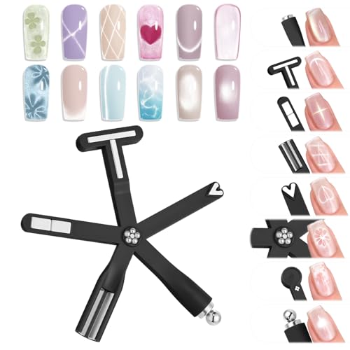Image of Modelones Cat Eye Magnet Black 8-in-1 Tool Strong Magnetic for Cateye Gel Polish | Steel Ball, Glass Bead& French Tip&Clover Cateye Multi-Effect Nail Magnet DIY Salon
