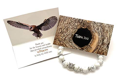 Smiling Wisdom - Teacher Thank You Appreciation Mini Greeting Card and Stretch Stone Bracelet Gift Set - Women Teachers From Parents - Gray White Owl