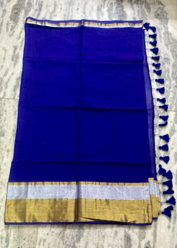 Image of Women's Mul Cotton Saree with Tassels | Soft Mulmul Saree | Woven Stripes & Zari Line | 5.5 Metres - Without Blouse