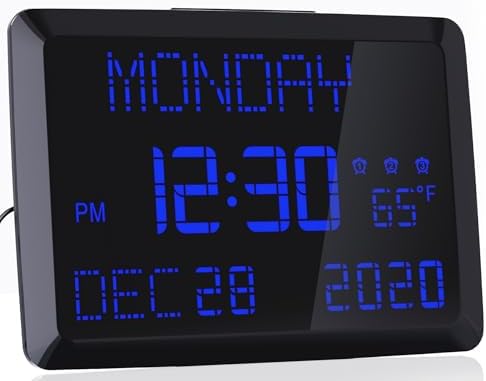 Digital Alarm Clock, 11.5" Extra Large Display LED Digital Desk & Wall Calendar Alarm Day Clock with Date and Time, Battery Backup & 3 Alarms - Perfect for Elderly, Impaired Vision, Seniors, Home