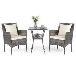 COSTWAY Rattan Gartenmöbel Set, Balkonmöbel Kleiner Balkon, Balkon Möbel mit 2 Sessel, Glastisch und Kissen, Gartenlounge 2 Personen, Sitzgruppe für Garten, Veranda, Poolbereich (Mix Grau+Weiß)